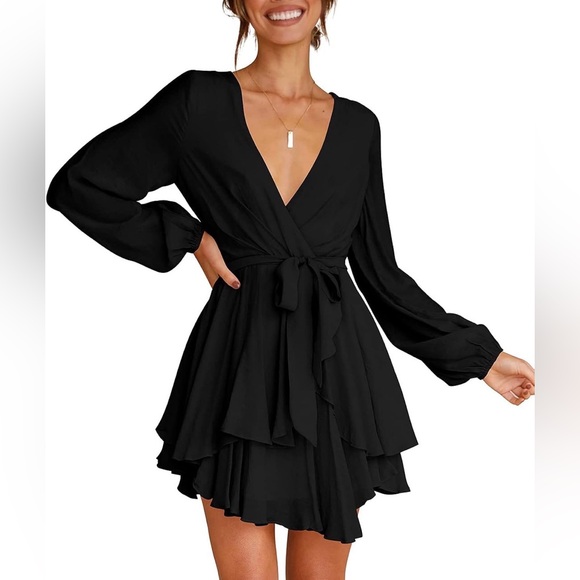 Cosonsen Women's Deep V-Neck Long Sleeve Tie Waist Ruffle Mini Swing Dress - Picture 4 of 11